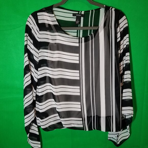 Alfani Sheer Elastic Waist Stripe Blouse W/ Cami Small Black White Bell Sleeve - Picture 1 of 3